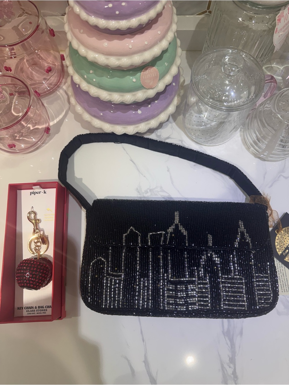Black Beaded Cityscape Shoulder Bag with Big Apple Bag Charm